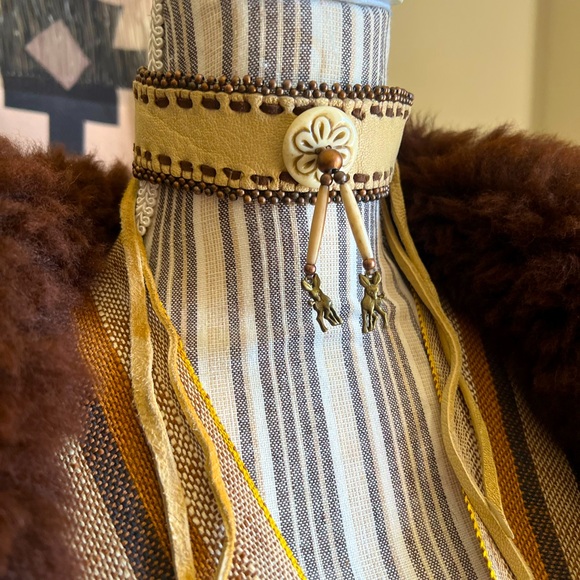 Handmade Leather Choker Necklace with Beaded Accents - Picture 2 of 3